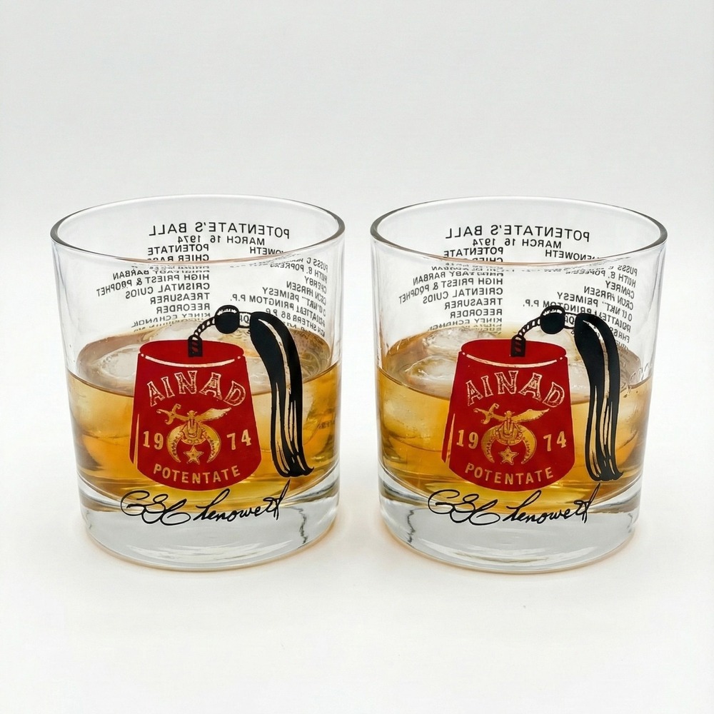 1974 Masonic Shriners Potentate Ball Whiskey Glasses Ainad Set of 2